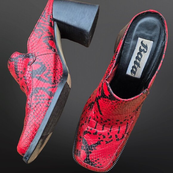 Vintage 90s Bata Chunky Mules US Size 7.5 Red Black Snake Print Leather Heels - Picture 1 of 10